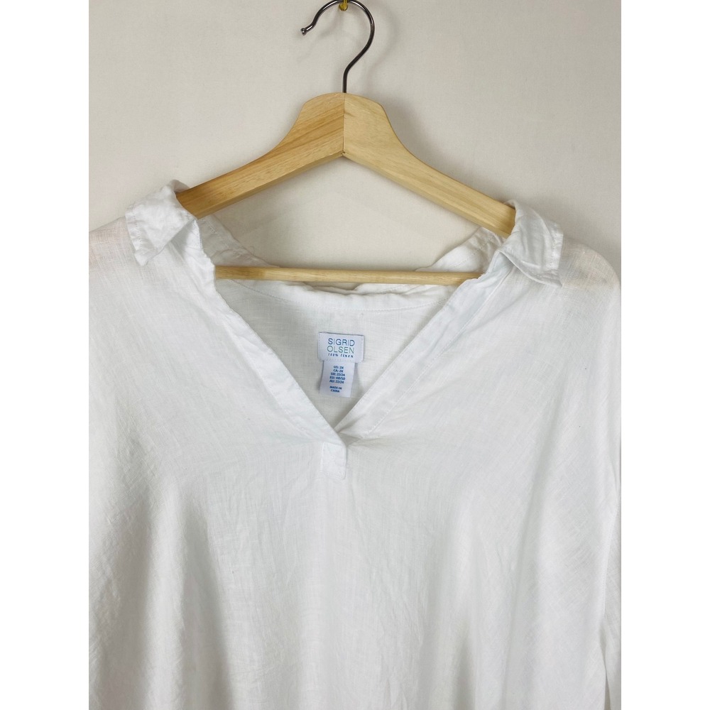 Sigrid Olsen White 100% Linen Tunic Top Womens 2X Shell Button Side Vents - Picture 4 of 9